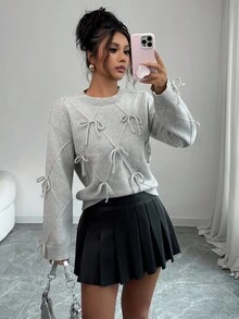 Elenzga Women's Minimalist Casual Gray Knit Top With 3D Bow & Line Decor Fall Winter Cloth For Women