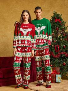 HARRY POTTER X SHEIN Men's Christmas Cartoon Owl Print Long Sleeve Top And Pants Loungewear Set, Spring/Autumn, Fall Winter Clothes - Green - View 1