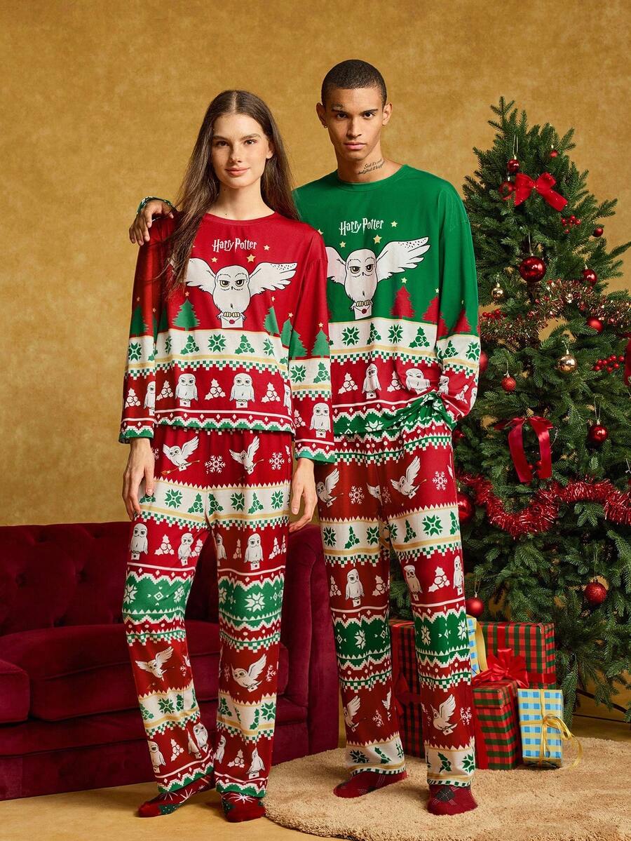 HARRY POTTER X SHEIN Men's Christmas Cartoon Owl Print Long Sleeve Top And Pants Loungewear Set, Spring/Autumn, Fall Winter Clothes - Green - View 1