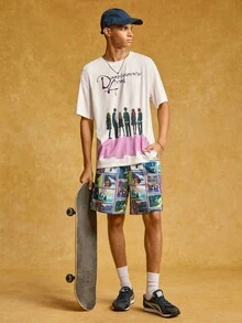 HARRY POTTER X SHEIN 男士字母及卡通人物图案短袖T恤和短裤套装 - 杏色 - 查看 4