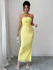 Rafferiza Women's Tight Lace Bodycon Strapless Slit Hem Yellow Mini Dress - Yellow - View 6