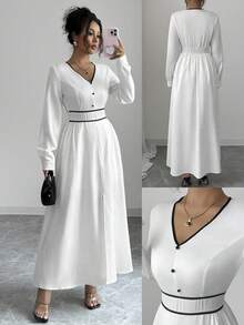 Elenzga Women's Elegant Apricot & Black Deep V-Neck Long Sleeve Fitted Waist Maxi Dress With Button Decor, Spring/Autumn Fall Cloth For Women - Apricot - View 1
