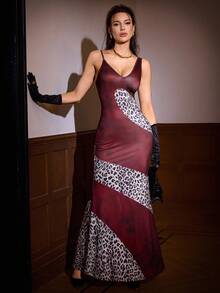 Leighera Women's Sexy Party Elegant Charming Fashion Patchwork Leopard Print Vacation Dress - Burgundy - View 4