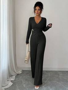 Gloray 2 件套女士优雅 V 领长袖系带上衣和高腰阔腿裤，休闲秋冬装 - 黑色 - 查看 8