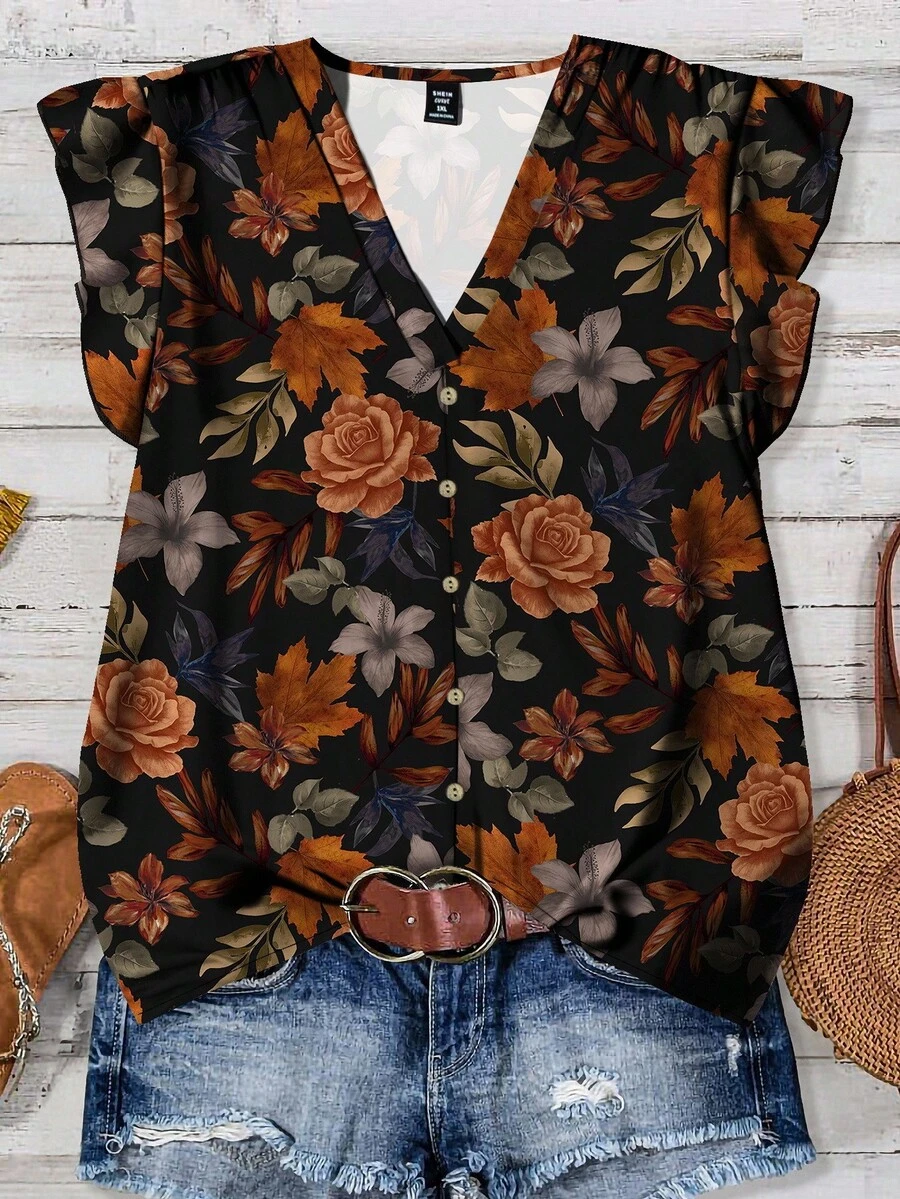 EMERY ROSE Retour à la saison scolaire Jour des enseignants Vêtements pour femmes grande taille Vêtements décontractés quotidiens Vacances Col en V Petites manches volantes Style vacances Motif feuille rétro Chemise ample Vêtements d'été pour femmes Vêtements de vacances pour femmes - Multicolore - Voir 1