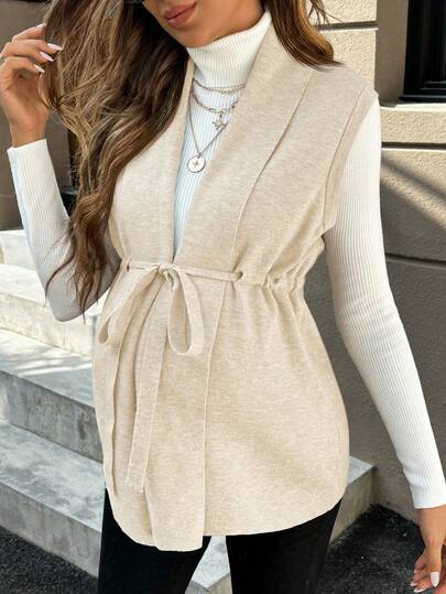 SHEIN Pregnant Women's Solid Color Shawl Collar Drawstring Waist Casual Knitted Vest, Autumn/Winter