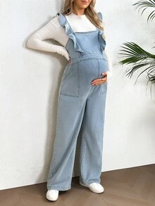 孕妇宽松拼接荷叶边下摆休闲牛仔背带连体裤 - 淺色水洗藍 - 查看 2