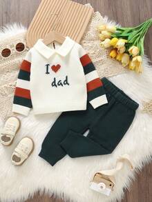 2pcs Baby & Toddler Sweater Set | Peter Pan Collar + "I Love Dad" Jacquard + Casual Pants, Stylish 2 Pieces Outfit Dad Baby Clothes Baby Boy Sweater Set Daddys Boy Clothes Dad Baby Matching Outfits Baby Boy Casual Set I Love Dad Baby Clothes Fall Winter