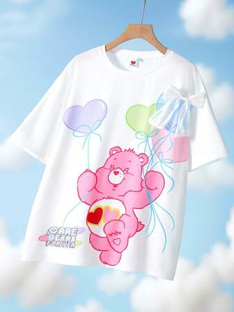 SHEIN X Care Bears Women's Cartoon Bear Pattern Round Neck Short Sleeve T-Shirt