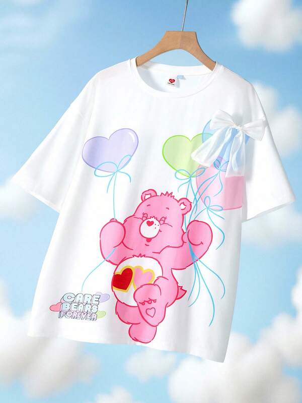 SHEIN X Care Bears Women's Cartoon Bear Pattern Round Neck Short Sleeve T-Shirt