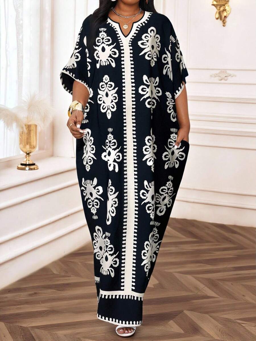 SHEIN Lady 秋冬优雅工作办公室黑白花卉印花斜口袋加大码连衣裙端庄连衣裙，太阳裙女士夏季服装女士夏季连衣裙女士度假服装女士沙滩服装女士婚礼宾客礼服女士生日礼服猎豹印花商务休闲女士生日服装女士 7 月 4 日女士 - 黑與白 - 查看 1