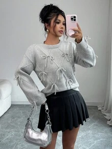 Elenzga Women's Minimalist Casual Gray Knit Top With 3D Bow & Line Decor Fall Winter Cloth For Women