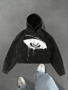 PAVTROS Manfinity Streetrush 男士短款连帽衫，黑色印花连帽衫，复古风连帽衫，图案设计连帽衫，秋冬款