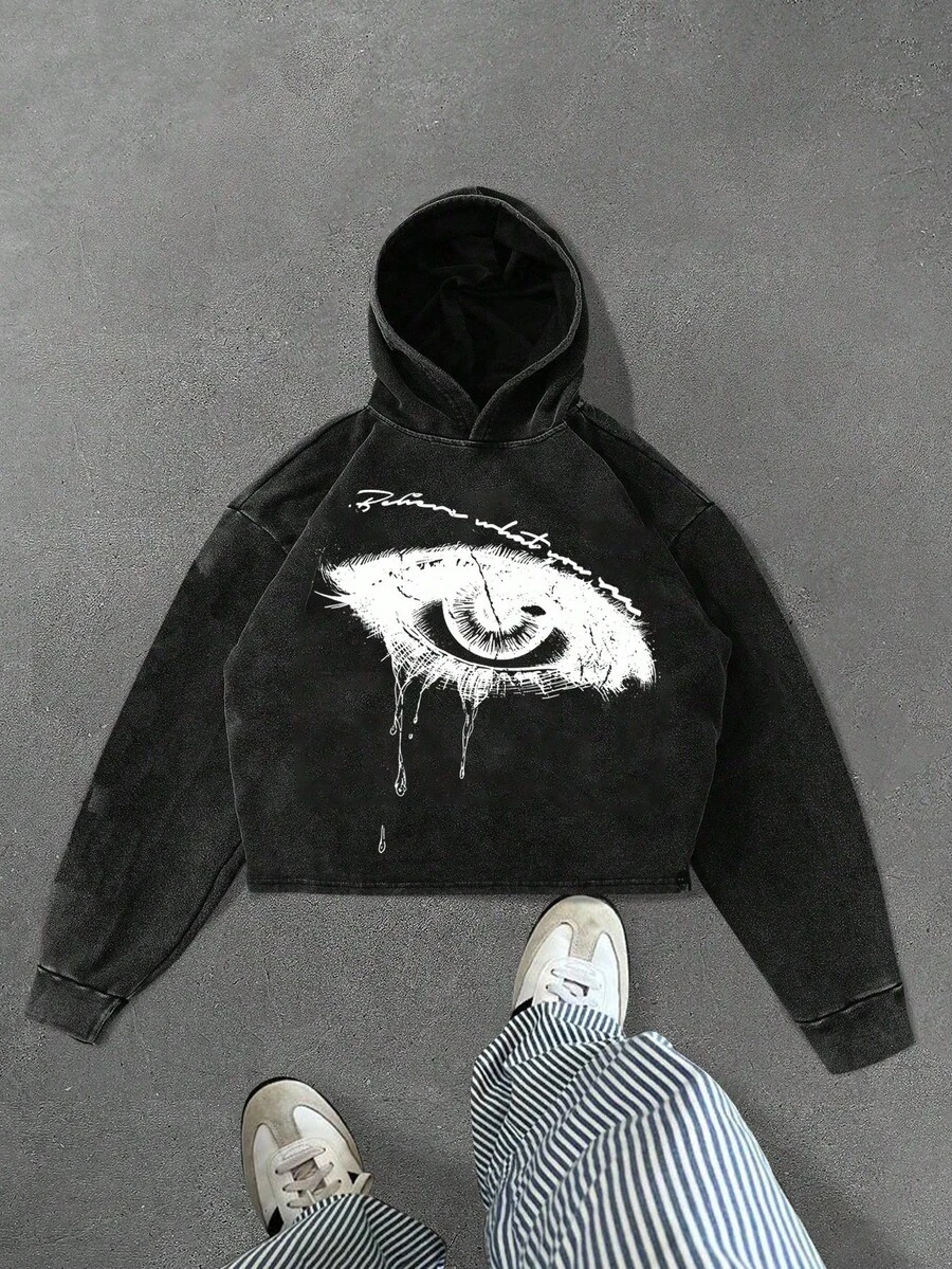 PAVTROS Manfinity Streetrush 男士短款连帽衫，黑色印花连帽衫，复古风连帽衫，图案设计连帽衫，秋冬款