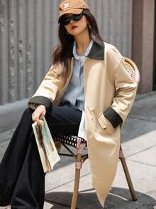Teen GirlCasual All-Match Versatile School/Commute Street Style Contrast Color Lapel Mid-Length Padded Coat, Autumn/Winter Fall - Khaki - View 5