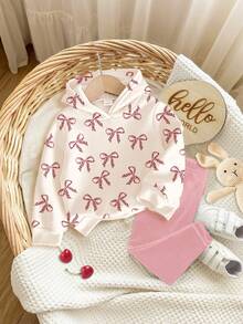 SHEIN 柔和的奶油白色和奶油粉色，可爱迷你豹纹蝴蝶结图案，女婴休闲厚柔软连帽衫和紧身裤套装，适合秋冬季 - 彩色 - 查看 3