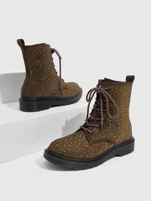 CUCCOO SZL Women's Round Toe Thick Sole Fashionable British Style Emerald Green Rhinestone Embellished Luxury Personalized Boots, Motorcycle Ankle Boots