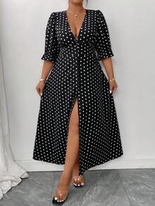 Elenzga Plus Size Retro V-Neck Polka Dot Front Slit Dress - Black - View 3