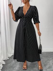 Elenzga Plus Size Retro V-Neck Polka Dot Front Slit Dress - Black - View 6