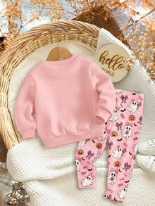 SHEIN Bộ áo nỉ cổ tròn dày mềm mại in hình ma và bí ngô Halloween đáng yêu cho bé gái màu hồng kem, thích hợp cho mùa thu/đông, ngoài trời, chụp ảnh đường phố, tại nhà, tiệc Halloween - Nhiều màu - Xem 2
