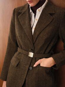 MOTF PREMIUM WOOL LAPEL COLLAR BELTED BLAZER - Khaki - View 8