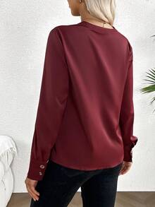 SHEIN Versatile Solid Color V-Neck Long Sleeve Maternity Shirt For Commuting - Burgundy - View 2
