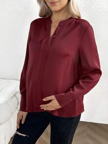 SHEIN Versatile Solid Color V-Neck Long Sleeve Maternity Shirt For Commuting - Burgundy - View 5