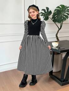 SHEIN 女童立领羊腿袖千鸟格印花羊腿袖连衣裙 - 黑與白 - 查看 11