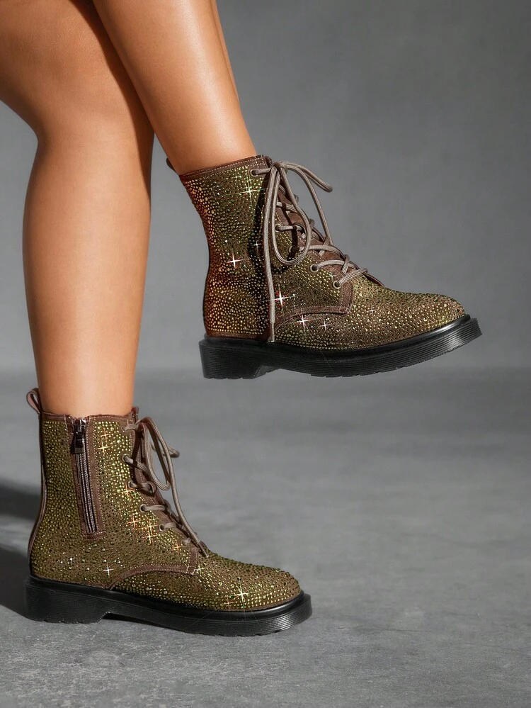 CUCCOO SZL 女性用 ラウンドトゥ 厚底 ファッショナブルなブリティッシュスタイル エメラルドグリーン ラインストーン装飾 高級パーソナライズドブーツ、オートバイアンクルブーツ