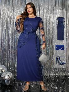 Ellevyn 大码优雅派对花卉刺绣网眼拼布连衣裙 - 藏蓝色 - 查看 10