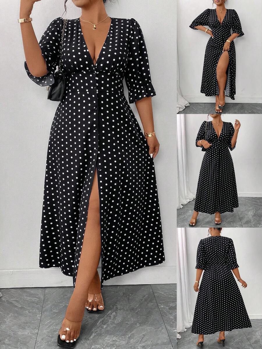 Elenzga Plus Size Retro V-Neck Polka Dot Front Slit Dress - Black - View 1