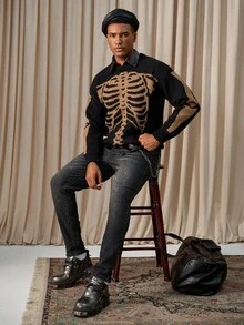 Manfinity Homme Men's Slim Fit Black & Grey Denim Jeans, All Season Unisex Frayed For Slim-Fit Halloween All Saints' Day