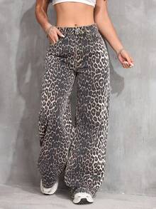 SHEIN Tall Women Leopard Print Straight Leg Jeans - Multicolor - View 1