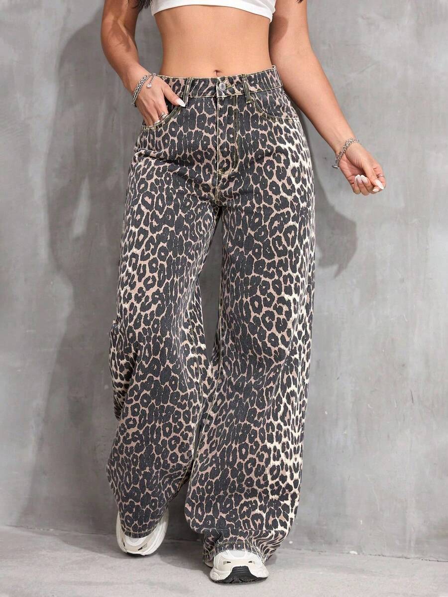 SHEIN Tall Women Leopard Print Straight Leg Jeans - Multicolor - View 1