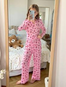 SHEIN Tween Girls Cherry Pattern V-Neck Long Sleeve Top & Pants Pajama Set Girls Pajamas Cherry Pajamas Pink Pajama Set Kids Sleepwear Pajama Sets For Girls Pink Pajamas Kids Pajamas Pink Cherry Pajamas Cherry Pajama Set Cute Pajamas Two Piece Pajama Set Cherry Pjs 2 Piece Pj Set Pink Pjs Set Cherry Print Pajamas Fall Winter