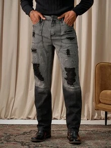 Manfinity Homme Men's Splatter Paint Distressed Patchwork Slim Fit Relaxed Denim Jeans Punk Acid Washed For Slim-Fit Halloween All Saints' Day - Grey - View 4