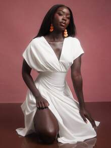 NYA SZN 短袖 V 领束带褶饰连衣裙，端庄正式，特殊场合，婚礼，宾客约会，教师，办公室，商务休闲，返校，超长款秋季女士服装 - 白色 - 查看 3