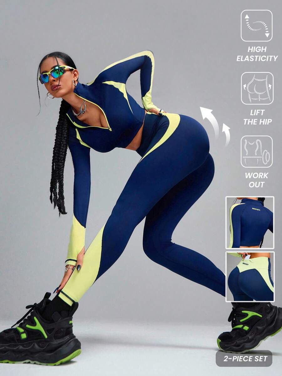 Innovista 女士撞色拼接运动套装，精致双色设计，运动健身服，透气速干运动短款上衣，拉链外套搭配提臀紧身裤，裤腿带有手机卡袋，两件套，适合日常瑜伽、骑行、高强度间歇训练、办公室、法庭、早午餐、健身房等各种场合，多功能休闲运动套装，全天候弹力运动装扮 - 藏蓝色 - 查看 1