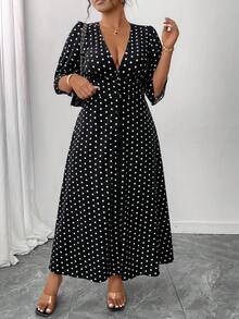 Elenzga Plus Size Retro V-Neck Polka Dot Front Slit Dress - Black - View 8