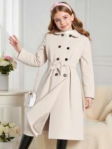 SHEIN Tween Girls' Double-Breasted Belted Long Sleeve Windbreaker, Autumn/Winter - Apricot - View 3