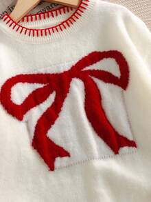 SHEIN Tween Girl Loose Casual Minimalist Comfortable Round Neck Long Sleeve Butterfly Pattern Sweater Fall Winter - Apricot - View 5