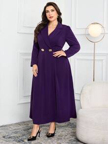Modelyn 大码女式纯色翻领长袖腰部金属装饰优雅连衣裙 - 紫色 - 查看 4