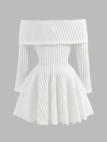 SHEIN 青少年女孩优雅通勤修身露肩蝴蝶结腰部荷叶边下摆舒适弹力针织条纹连衣裙 - 纯白色，Mother & Me - 白色 - 查看 3