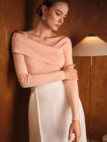 MOTF PREMIUM 休闲法式不对称肩长袖针织毛衣，秋冬合身打底衫 - 粉色 - 查看 1