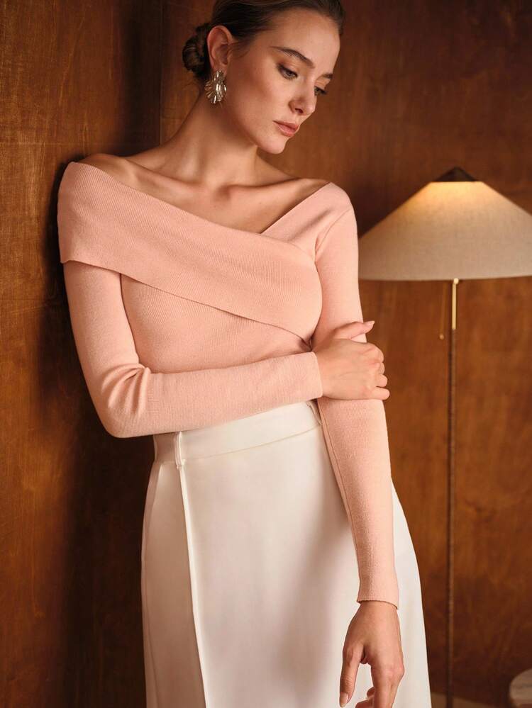 SUÉTER DE TRICÔ ASSIMÉTRICO DE OMBRO LONGO CASUAL FRANCÊS, CAMADA BASE AJUSTADA PARA OUTONO/INVERNO