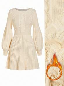 Ellevyn 女士休闲扭纹图案圆领长袖针织毛衣连衣裙，冬季，秋季服装 - 杏色 - 查看 8