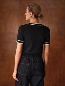 MOTF PREMIUM CONTRAST TRIM SHORT SLEEVE KNIT TOP - Black - View 4