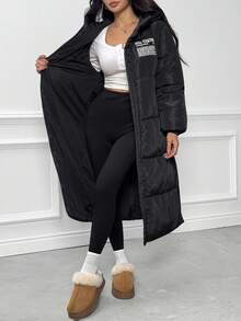 Teen Girl Casual All-Match Versatile Daily School Letter Embroidered Warm Autumn/Winter Long Cotton Padded Hooded Jacket, Versatile Style - Black - View 5