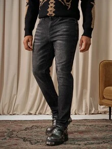 Manfinity Homme Men's Slim Fit Black & Grey Denim Jeans, All Season Unisex Frayed For Slim-Fit Halloween All Saints' Day