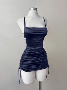 Chiquease Minimalist Spaghetti Strap Sexy Ruched Decor Low-Cut Women Dress